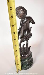 Vintage Water Bearer Carrying Basket Bronze Statue On Green Marble Pedestal Base. 11" Tall