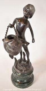 Vintage Water Bearer Carrying Basket Bronze Statue On Green Marble Pedestal Base. 11" Tall