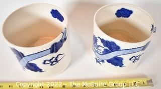 Two (2) Nancy Lopez Delft Blue and White Dragon Planters or Pot.  5 1/2" tall