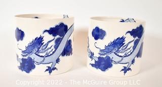 Two (2) Nancy Lopez Delft Blue and White Dragon Planters or Pot.  5 1/2" tall