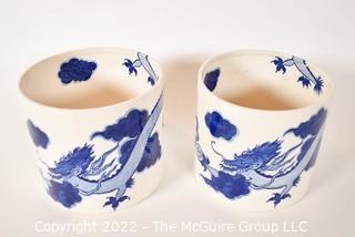 Two (2) Nancy Lopez Delft Blue and White Dragon Planters or Pot.  5 1/2" tall