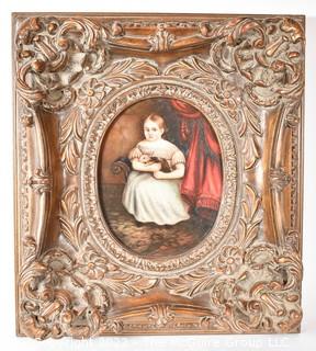 Antique Primitive Oil on Board Portrait of Young Girl Holding Rabbit in Heavy Gilt Frame.  20" x 16 1/2"