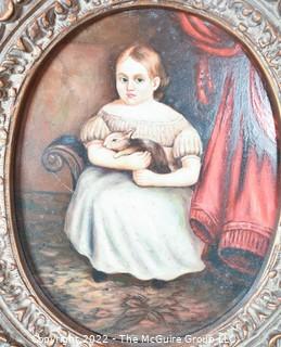 Antique Primitive Oil on Board Portrait of Young Girl Holding Rabbit in Heavy Gilt Frame.  20" x 16 1/2"