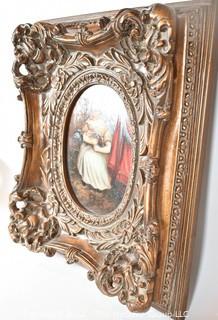 Antique Primitive Oil on Board Portrait of Young Girl Holding Rabbit in Heavy Gilt Frame.  20" x 16 1/2"