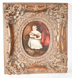 Antique Primitive Oil on Board Portrait of Young Girl Holding Rabbit in Heavy Gilt Frame.  20" x 16 1/2"