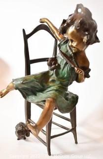 Bronze Sculpture of Girl On Chair with Kittens Signed by Juan Clara.  12" tall.