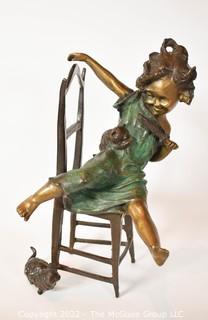 Bronze Sculpture of Girl On Chair with Kittens Signed by Juan Clara.  12" tall.