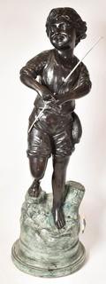 Vintage Child with Fishing Pole Bronze Statue On Green Marble Pedestal Base. 11" Tall