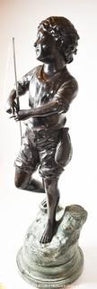 Vintage Child with Fishing Pole Bronze Statue On Green Marble Pedestal Base. 11" Tall