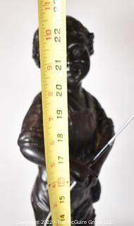 Vintage Child with Fishing Pole Bronze Statue On Green Marble Pedestal Base. 11" Tall