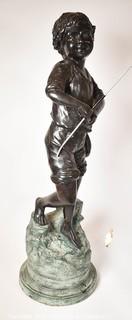 Vintage Child with Fishing Pole Bronze Statue On Green Marble Pedestal Base. 11" Tall