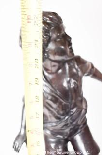 Vintage Boy with Crab Bronze Statue On Green Marble Pedestal Base. 10 1/2" Tall