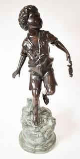 Vintage Boy with Crab Bronze Statue On Green Marble Pedestal Base. 10 1/2" Tall