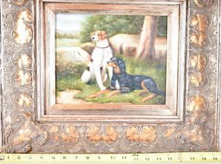 Oil on Canvas Portrait of Two Dogs Signed by Artist Watson in Gilt Frame. 17" x 20"