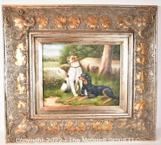 Oil on Canvas Portrait of Two Dogs Signed by Artist Watson in Gilt Frame. 17" x 20"