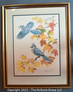 Framed Under Glass Lithograph Titled "The Blue Jay" Signed by Artist Albert Earl Gilbert Dated 1976 with Certificate of Authenticity. 27" x 30".