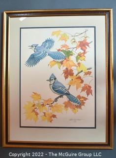 Framed Under Glass Lithograph Titled "The Blue Jay" Signed by Artist Albert Earl Gilbert Dated 1976 with Certificate of Authenticity. 27" x 30".