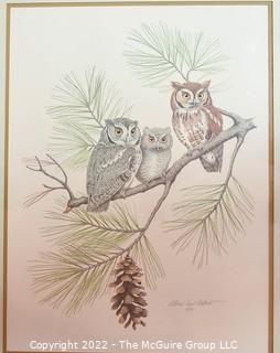 Framed Under Glass Lithograph Titled "The Screech Owl" Signed by Artist Albert Earl Gilbert Dated 1976 with Certificate of Authenticity. 27" x 30".