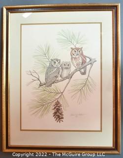 Framed Under Glass Lithograph Titled "The Screech Owl" Signed by Artist Albert Earl Gilbert Dated 1976 with Certificate of Authenticity. 27" x 30".