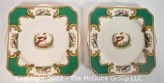 Two (2) Myott Staffordshire “Chelsea Bird” Green Square Luncheon Plate Signed By Artist A. Roberts.