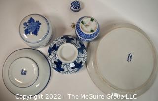 Group of Blue and White Porcelain Serving and Decorative Items Including Divided Blue Willow Wellsville Dinner Plate. 