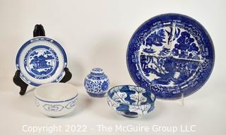 Group of Blue and White Porcelain Serving and Decorative Items Including Divided Blue Willow Wellsville Dinner Plate. 