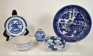 Group of Blue and White Porcelain Serving and Decorative Items Including Divided Blue Willow Wellsville Dinner Plate. 