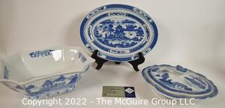 Three (3) Made in China Blue & White Porcelain Serving Items with Chop Marks. 