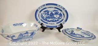 Three (3) Made in China Blue & White Porcelain Serving Items with Chop Marks. 