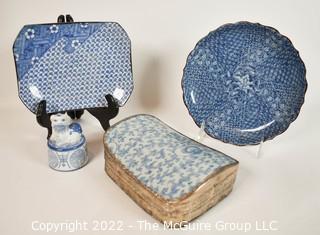 Four (4) Blue & White Asian Decorative Boxes and Trincket Plates with Chopmarks. 