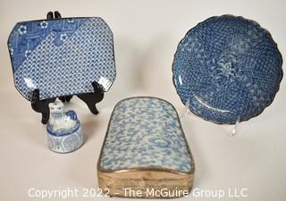 Four (4) Blue & White Asian Decorative Boxes and Trincket Plates with Chopmarks. 