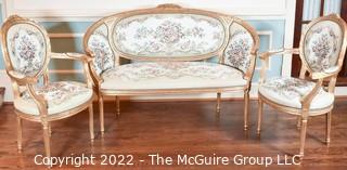 Three (3) Piece Gilt Set of Antique French Louis XVI Style Gold Giltwood Settee Love Seat and Matching Bergère Chairs with Upholstered Seats and Backs