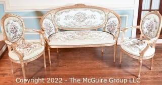 Three (3) Piece Gilt Set of Antique French Louis XVI Style Gold Giltwood Settee Love Seat and Matching Bergère Chairs with Upholstered Seats and Backs