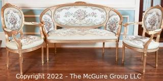 Three (3) Piece Gilt Set of Antique French Louis XVI Style Gold Giltwood Settee Love Seat and Matching Bergère Chairs with Upholstered Seats and Backs