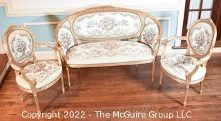 Three (3) Piece Gilt Set of Antique French Louis XVI Style Gold Giltwood Settee Love Seat and Matching Bergère Chairs with Upholstered Seats and Backs