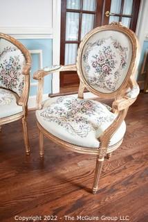 Three (3) Piece Gilt Set of Antique French Louis XVI Style Gold Giltwood Settee Love Seat and Matching Bergère Chairs with Upholstered Seats and Backs