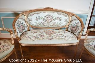 Three (3) Piece Gilt Set of Antique French Louis XVI Style Gold Giltwood Settee Love Seat and Matching Bergère Chairs with Upholstered Seats and Backs