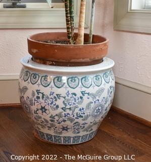 Large Asian Hand Painted on White Ground Porcelain Koi Fish Bowl Planter with Large Live Philodendron Plant. Plant measures 68" tall. Bowl measures 14" tall. 