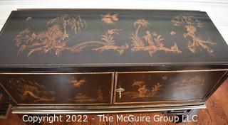 Vintage Hand Painted Black Lacquer Chinoiserie Sideboard or Cabinet Made in Italy.  46" x 17" x 31".