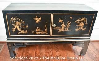 Vintage Hand Painted Black Lacquer Chinoiserie Sideboard or Cabinet Made in Italy.  46" x 17" x 31".