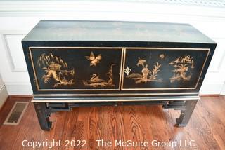 Vintage Hand Painted Black Lacquer Chinoiserie Sideboard or Cabinet Made in Italy.  46" x 17" x 31".