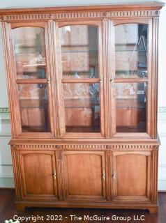 Kindel Furniture French Regency Style Cherry Wood Breakfront Lighted Cabinet.  Two pieces.  80" tall x 58" wide. 