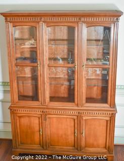 Kindel Furniture French Regency Style Cherry Wood Breakfront Lighted Cabinet.  Two pieces.  80" tall x 58" wide. 