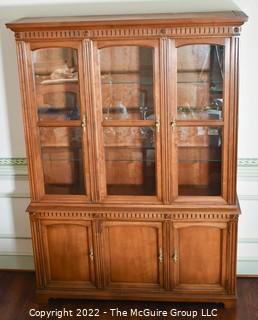 Kindel Furniture French Regency Style Cherry Wood Breakfront Lighted Cabinet.  Two pieces.  80" tall x 58" wide. 