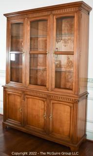 Kindel Furniture French Regency Style Cherry Wood Breakfront Lighted Cabinet.  Two pieces.  80" tall x 58" wide. 