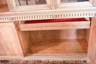 Kindel Furniture French Regency Style Cherry Wood Breakfront Lighted Cabinet.  Two pieces.  80" tall x 58" wide. 