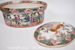 Vintage Chinese Famille Rose Hand Painted Porcelain Covered Casserole Dish with Chopmark