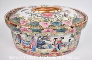 Vintage Chinese Famille Rose Hand Painted Porcelain Covered Casserole Dish with Chopmark