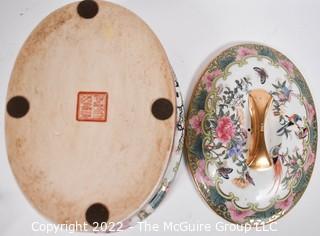 Vintage Chinese Famille Rose Hand Painted Porcelain Covered Casserole Dish with Chopmark