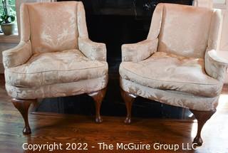 Two (2) Silk Upholstered Down Filled Bergere Side Chairs With Turned Out Arms. 